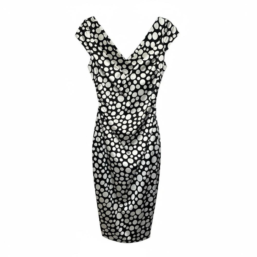 Maggy London Black and White Ruched Wrap MidiDress Size 6 cap sleeves polka dot - Picture 2 of 9